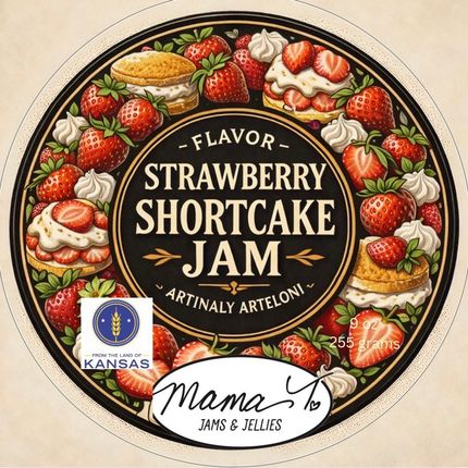 Label for strawberry shortcake jam with strawberries and cream ring, “Mama Jo’s Jams & Jellies” logo at bottom.