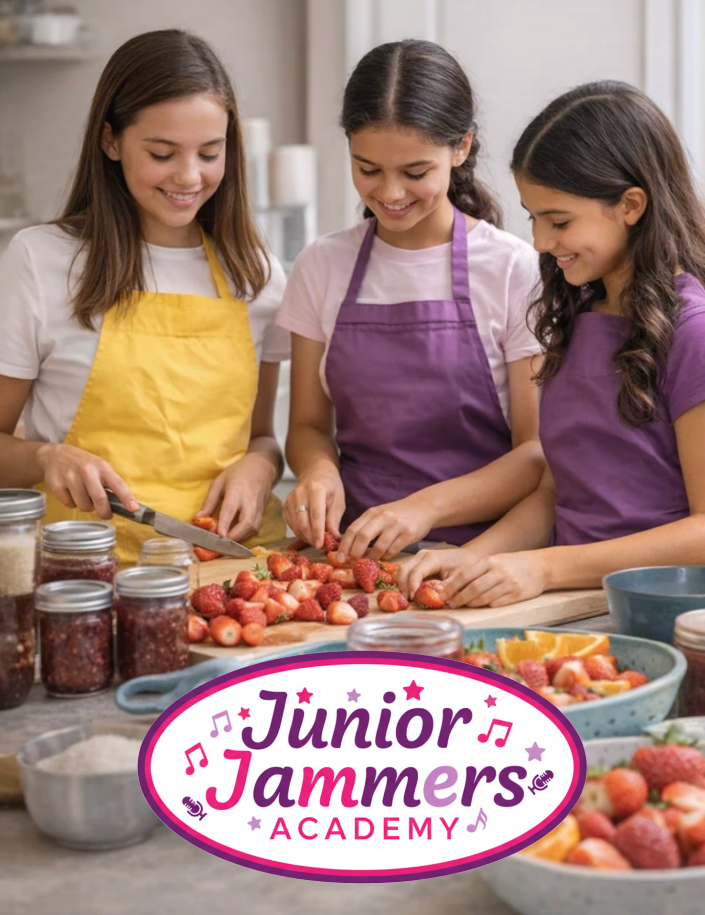 Three children in aprons preparing food with strawberries and jars in a kitchen, Junior Jammers Academy logo below
