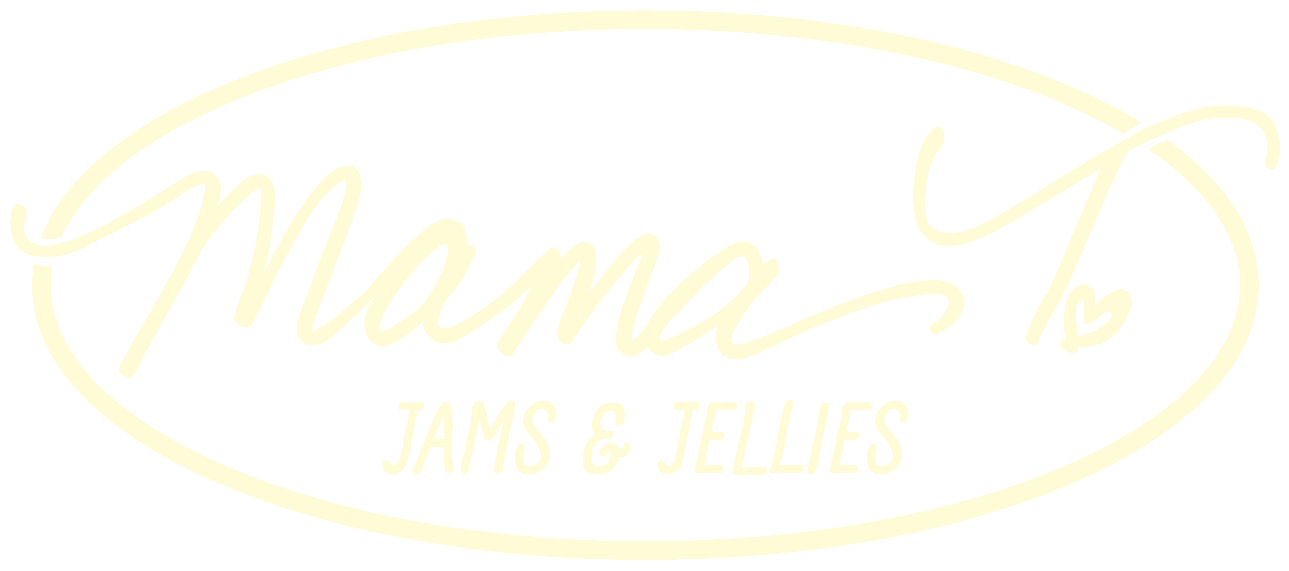 A yellow logo for mama 's jams and jellies on a white background.