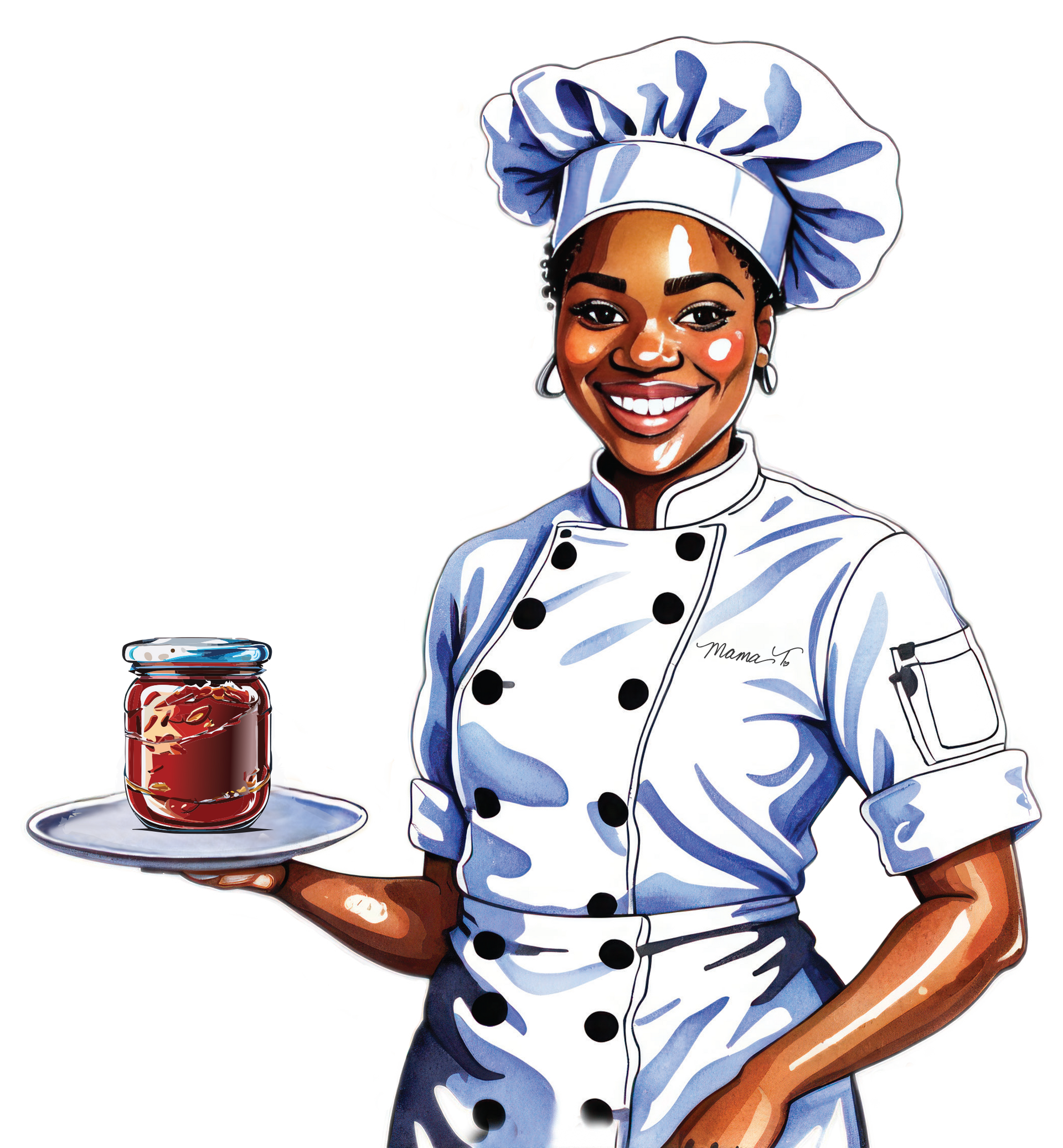 A chef is holding a tray with a jar of jam on it