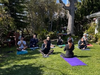 A group of people are sitting on yoga mats in the grass.