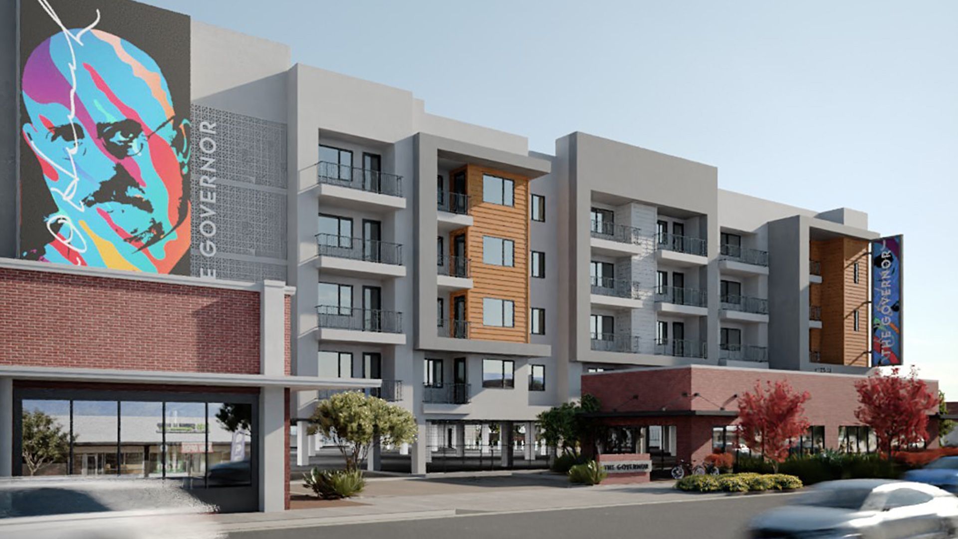 An artist 's impression of a building with a large billboard on the side.