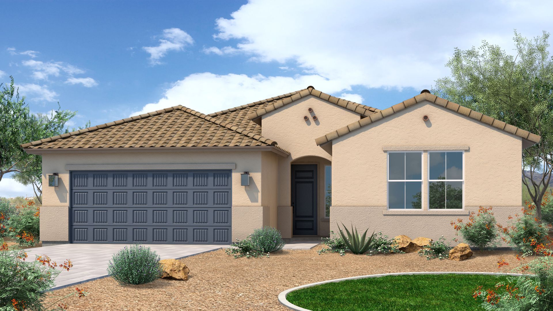 An artist 's impression of a house with a tile roof and a garage.