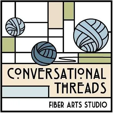 Logo for Conversational Threads Fiber Arts Studio with yarn balls and geometric blocks in blue, green, and beige