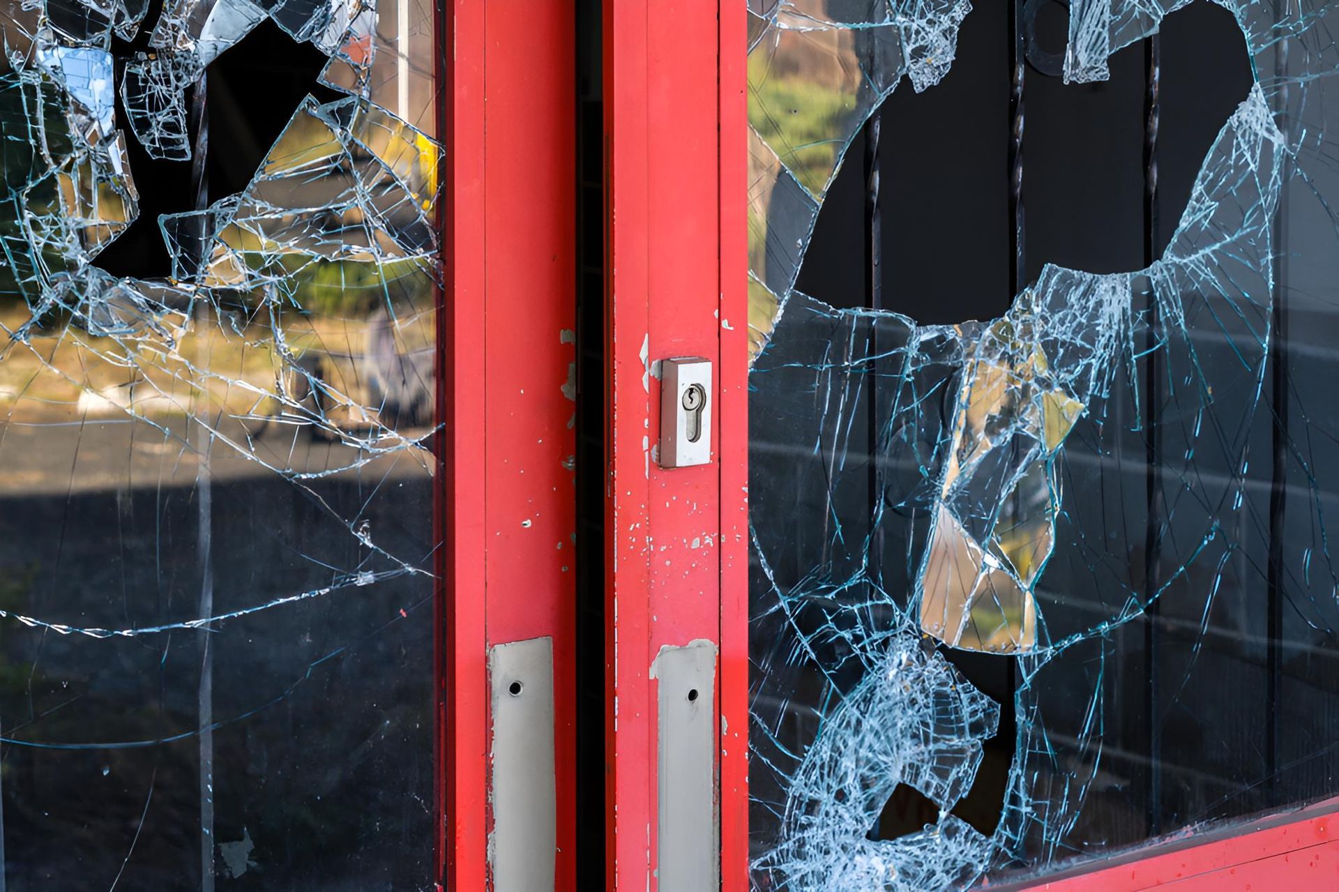Brocken Glass on a Red Door — Glass 24/7 In Taree, NSW