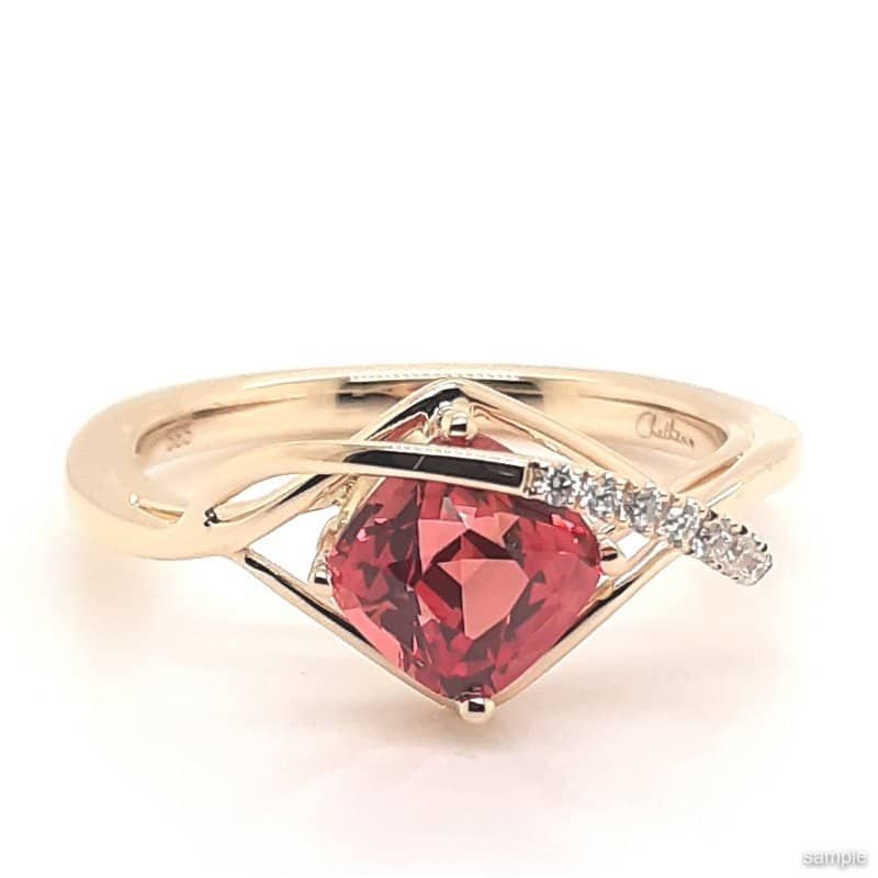 Rose gold ring with a square, pink gemstone and diamond accents.