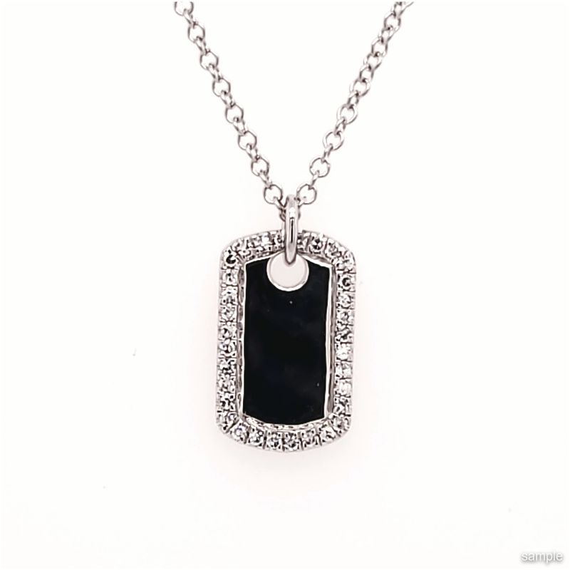 Silver necklace with black rectangular pendant framed by small clear stones.