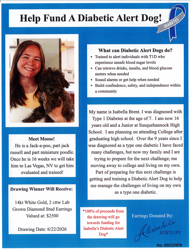 Flyer asking for help funding a diabetic alert dog, with dog photo and donation details