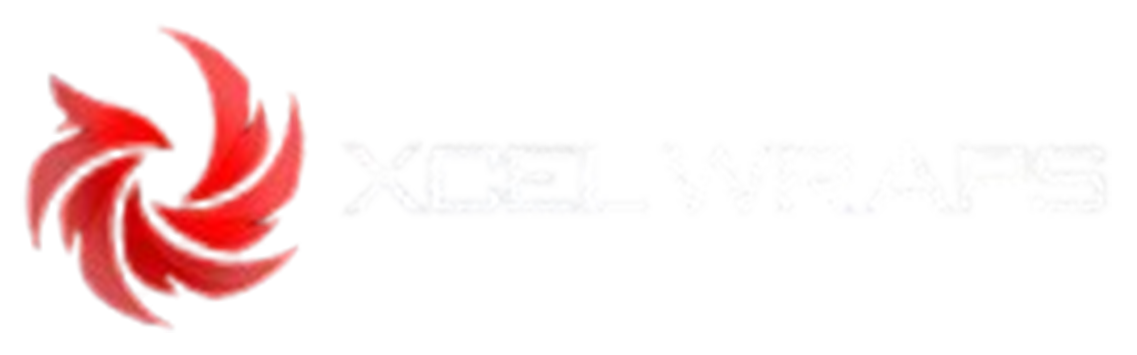 The XCEL WRAPS logo features a stylized, swirling red flame icon to the left of the white brand name text.