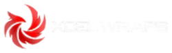 The XCEL WRAPS logo features a stylized, swirling red flame icon to the left of the white brand name text.