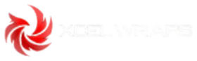 The XCEL WRAPS logo features a stylized, swirling red flame icon to the left of the white brand name text.