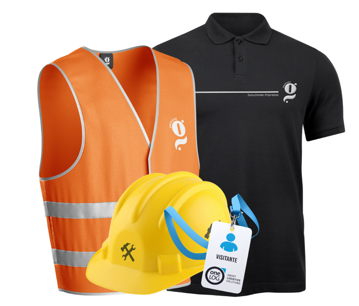 Chaleco brandeado, casco con logo, gafete, uniforme