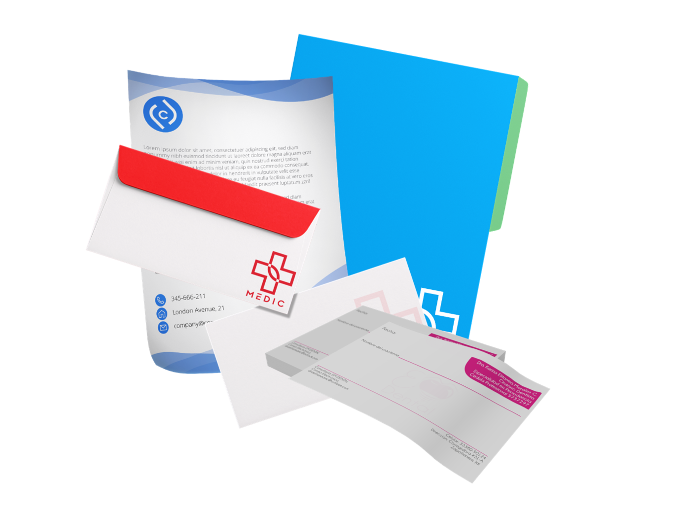 Sobres médicos, papelería membretada, recetarios, historial clínico
