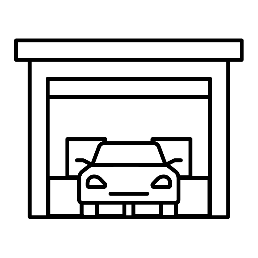 Car and boxes in a storage unit icon representing large storage options at Open City Self Storage.