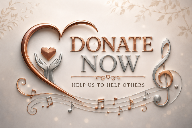 Donate Now poster with heart and musical note design, beige background, and “Help Us to Help Others” text