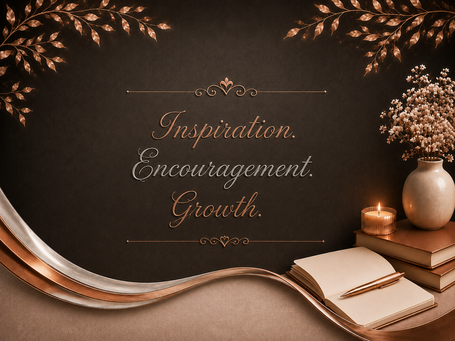 Decorative gold-toned quote card reading “Inspiration, Encouragement, Growth” with books and flowers
