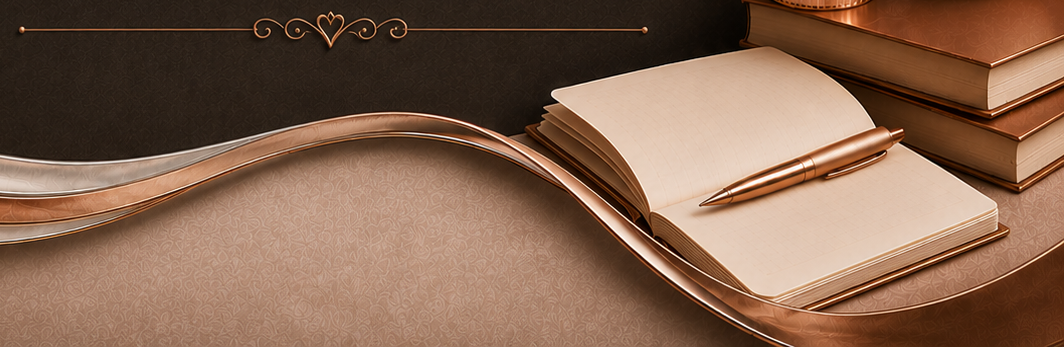 Open notebook and pen on a desk with stacked books in warm brown tones