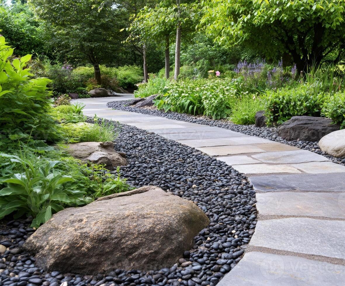Curved stone garden path bordered by rocks, greenery, and trees in a landscaped park