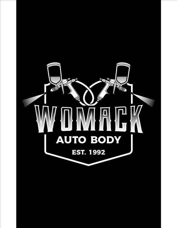 A logo for Womack Auto Body with two paint spray guns above the name, est. 1992, inside a white outline on a black background.
