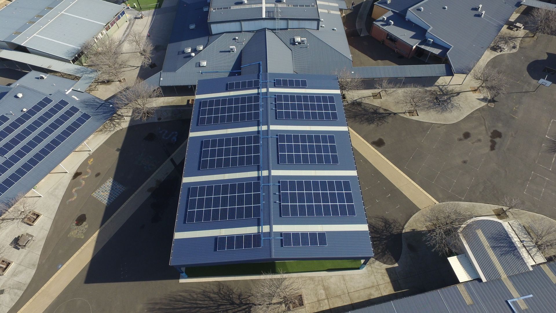 Creekside College solar panel installation by Quality Energy aerial view