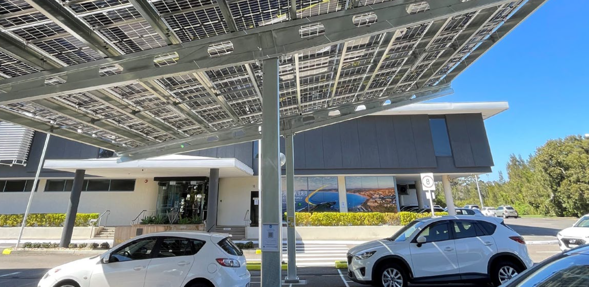 Underside view of a solar carpark