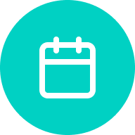 A white outline of a calendar icon centered on a solid teal circle.