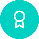A white line drawing of a circular medal or award ribbon centered on a bright teal background.