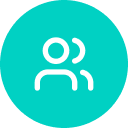 A turquoise circle icon containing a white, stylized graphic of two overlapping human figures.