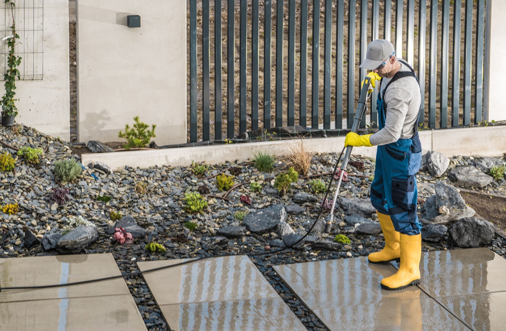 A worker in waterproof blue overalls and yellow boots pressure washes a stone patio next to a gravel garden.