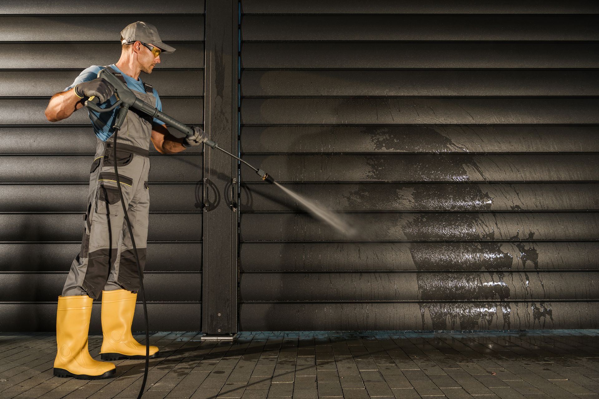 A person in grey workwear and yellow boots uses a pressure washer to clean a dark, horizontal paneled wall.