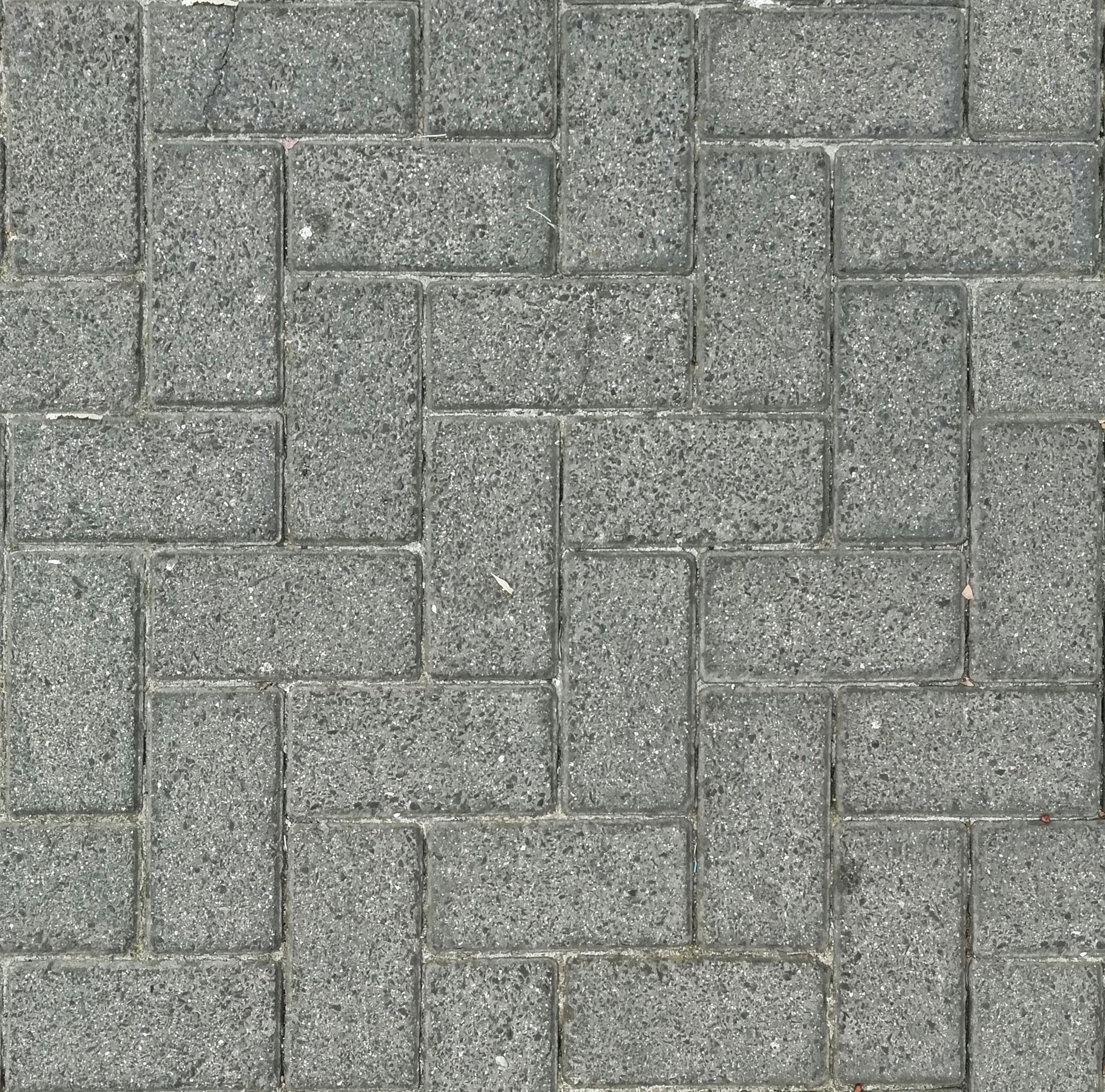 A close-up of a gray brick patio or walkway with stones laid in a repeating herringbone pattern.