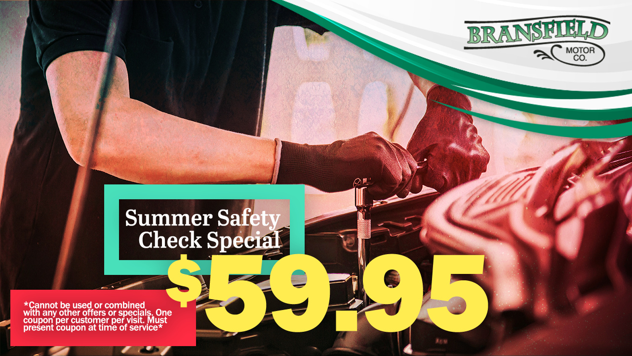 Auto service ad with mechanic working on a car and bold yellow “$59.95” summer safety check special text