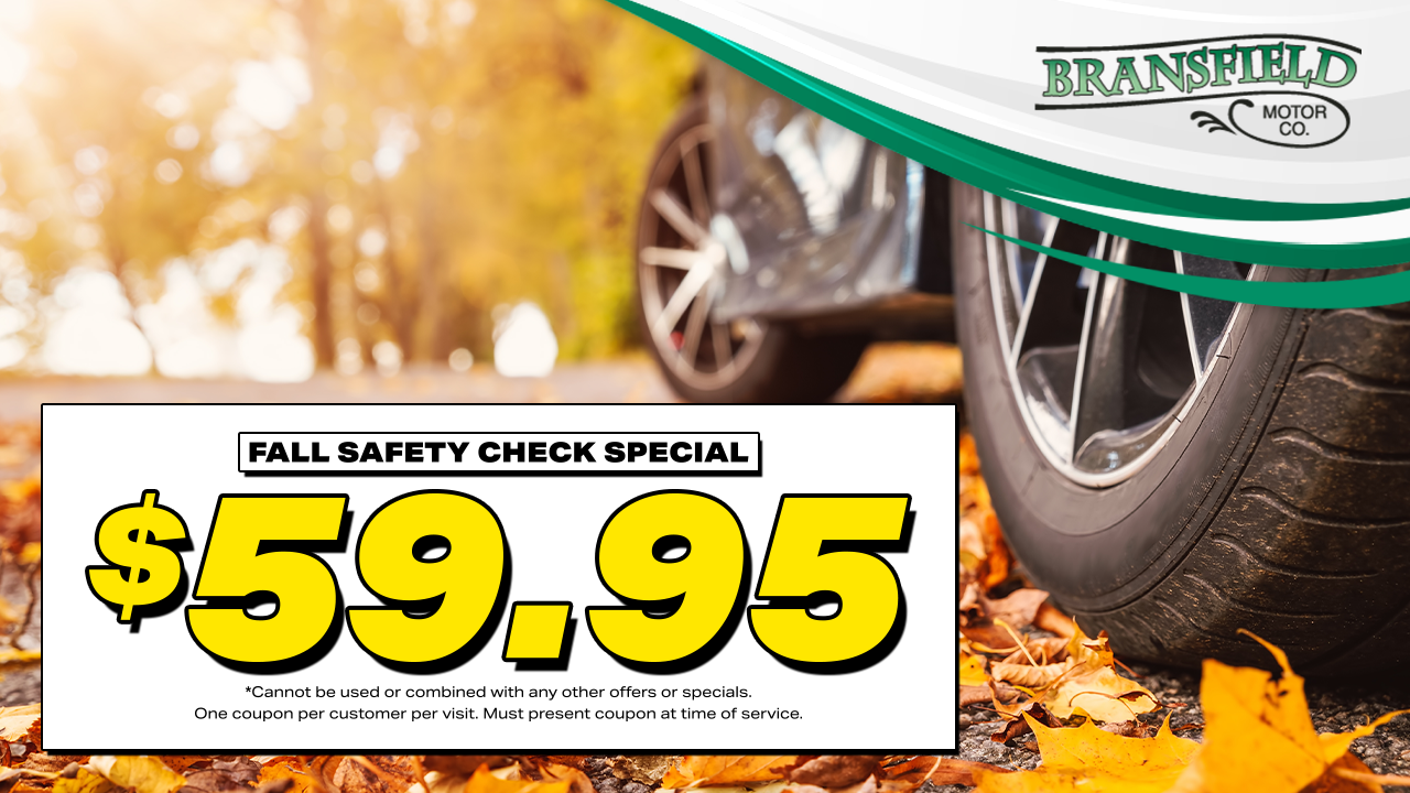 Fall safety check special ad with $59.95 in bold yellow text beside a car tire on autumn leaves