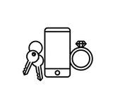 Smartphone with keys and a diamond ring icon in black outline