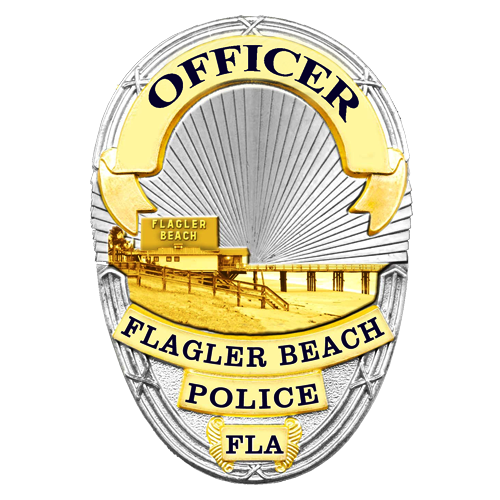 Flagler Beach Police Officer badge emblem with yellow ribbon and beach bridge design