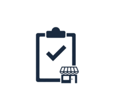 Clipboard with checkmark and small storefront icon, dark blue on white background