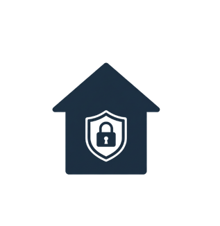 Dark blue house icon with a shield and padlock inside, suggesting home security or privacy