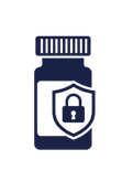 Dark blue medicine bottle with a shield and padlock icon, indicating secure or protected medication