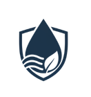 Dark blue shield logo with a droplet and leaf inside, with wavy lines at the bottom