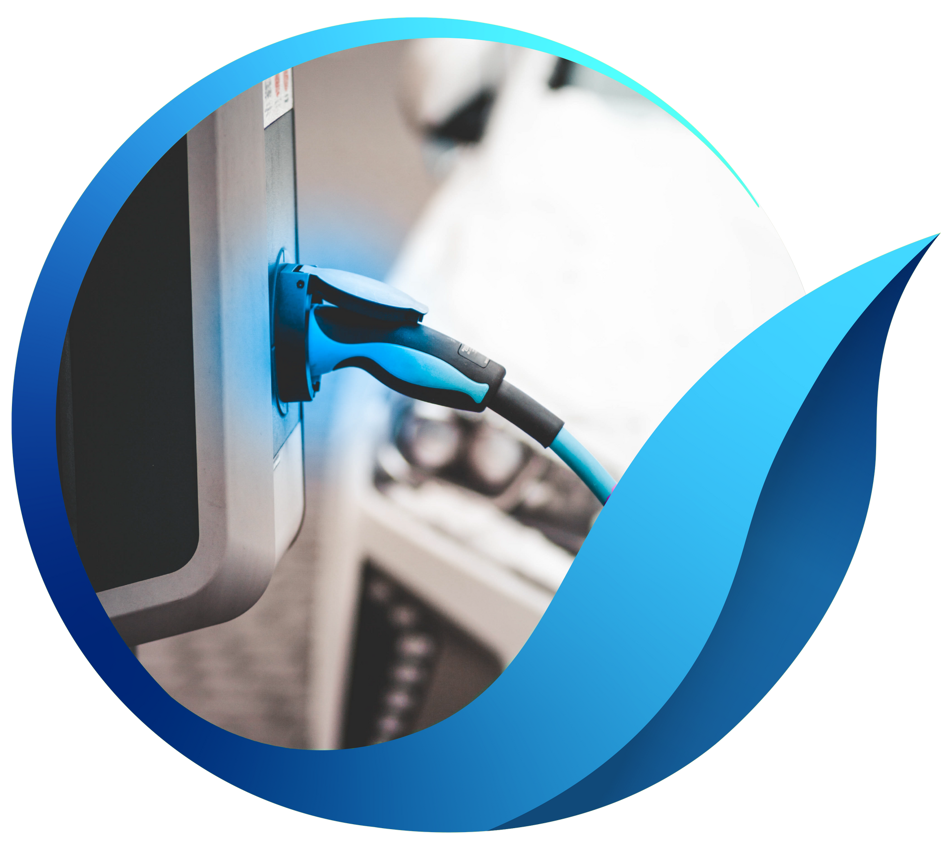 Blue EV charger plugged into a port; blue and white logo shape frames the image.