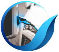 Electric car charger with blue cable plugged in, enclosed in a blue leaf-shaped design.