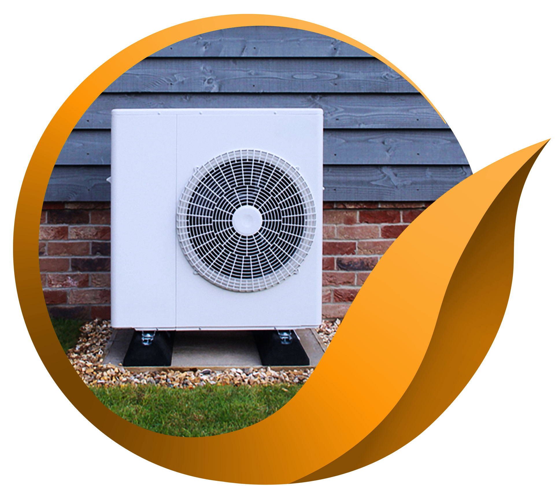 White heat pump unit against brick and wood siding.