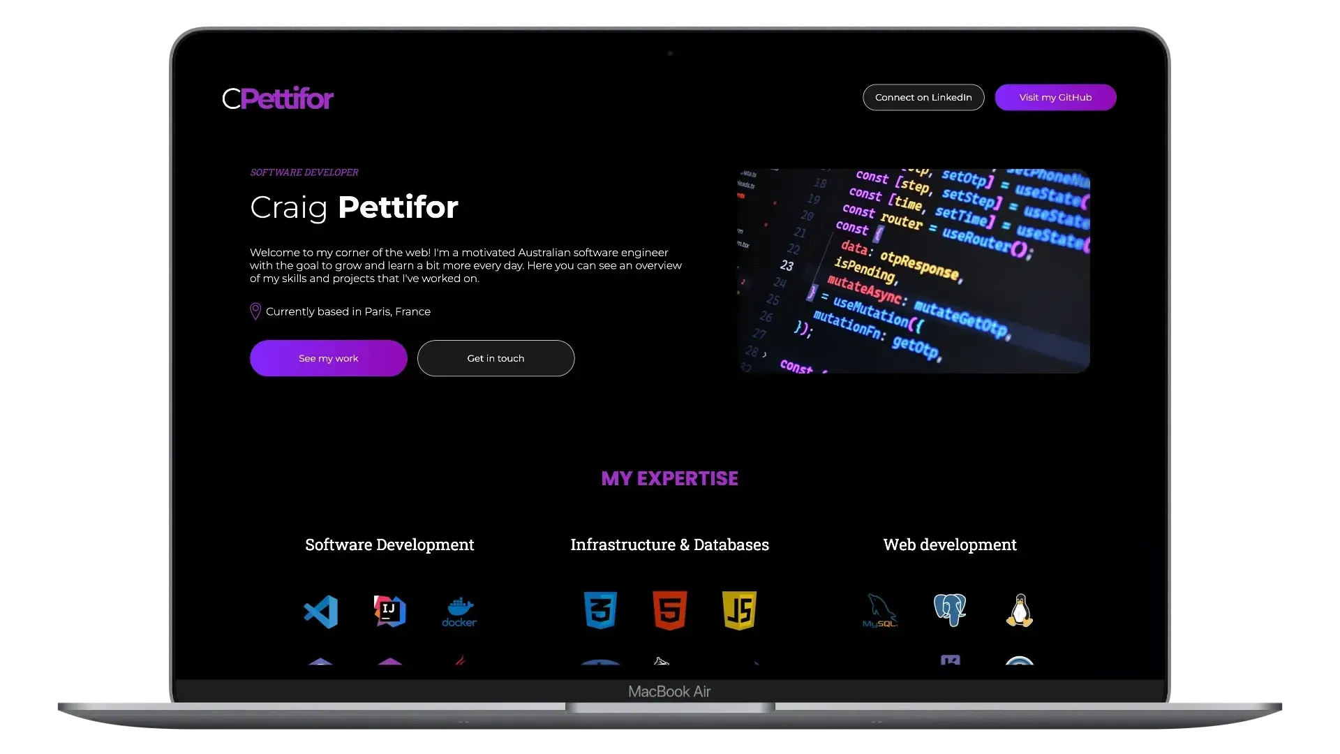 Création landing page pour développeur logiciel basé en région parisienne.