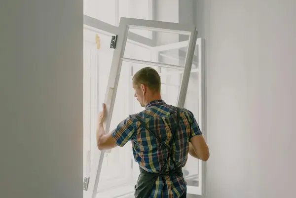 Un menuisier installe un cadre de fenêtre.