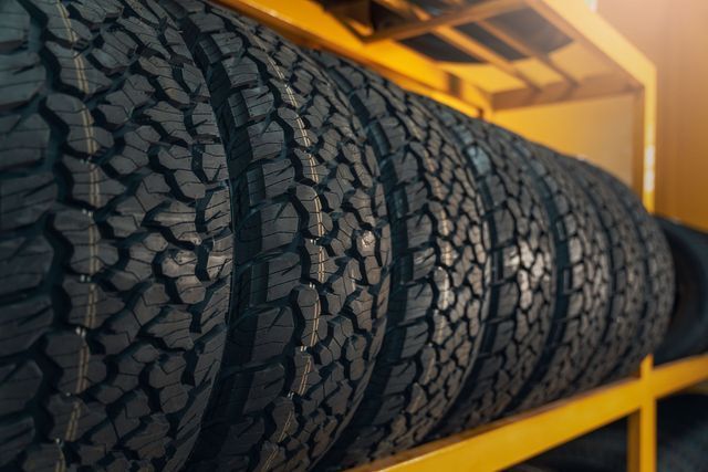 a row of tires are stacked on top of each other on a shelf .