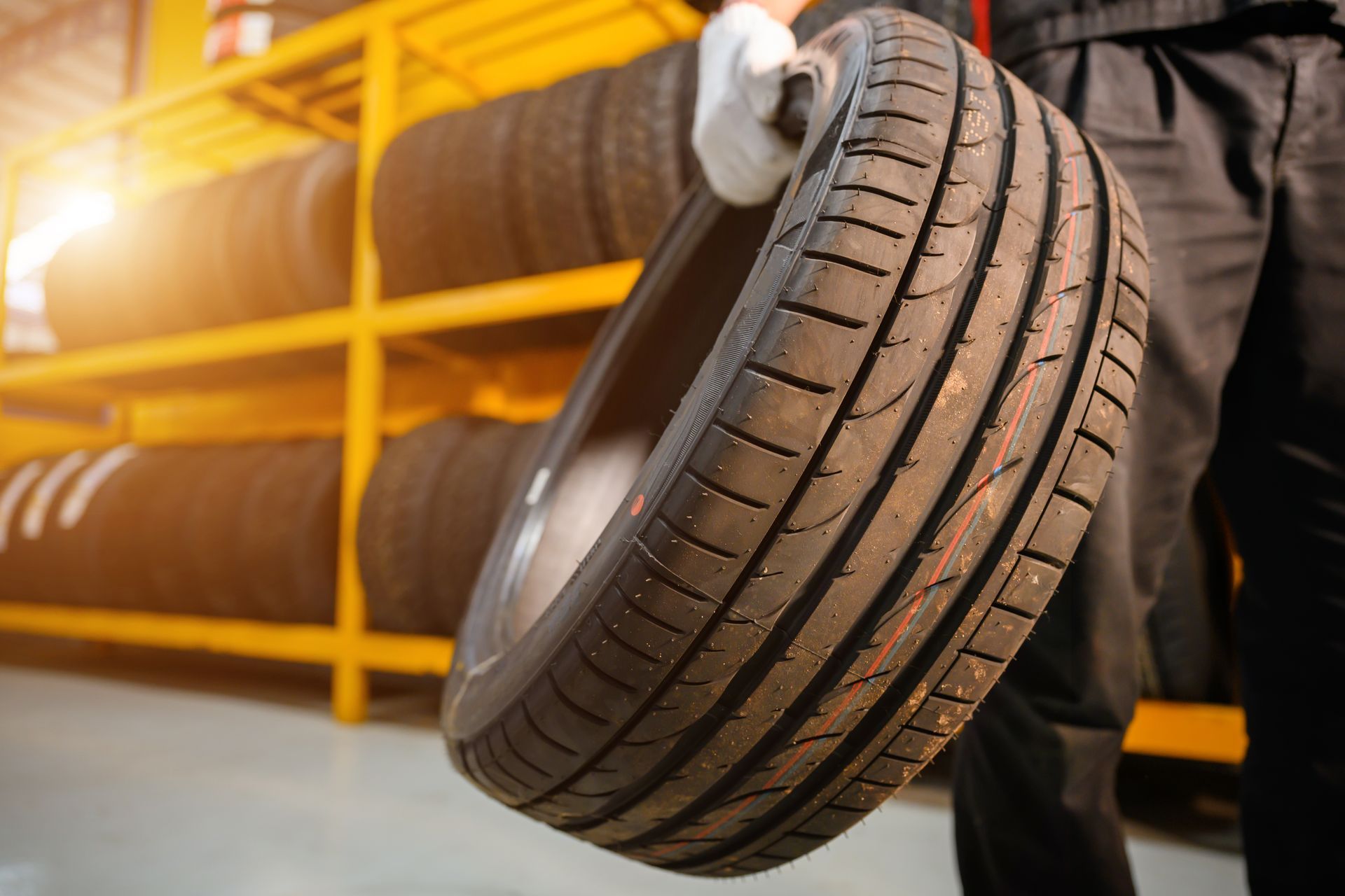 A man is holding a tire in front of a stack of tires.
