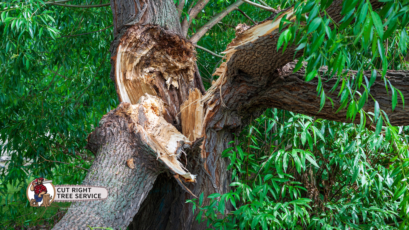 A tree trunk split open with a large branch broken off; green foliage in the background.