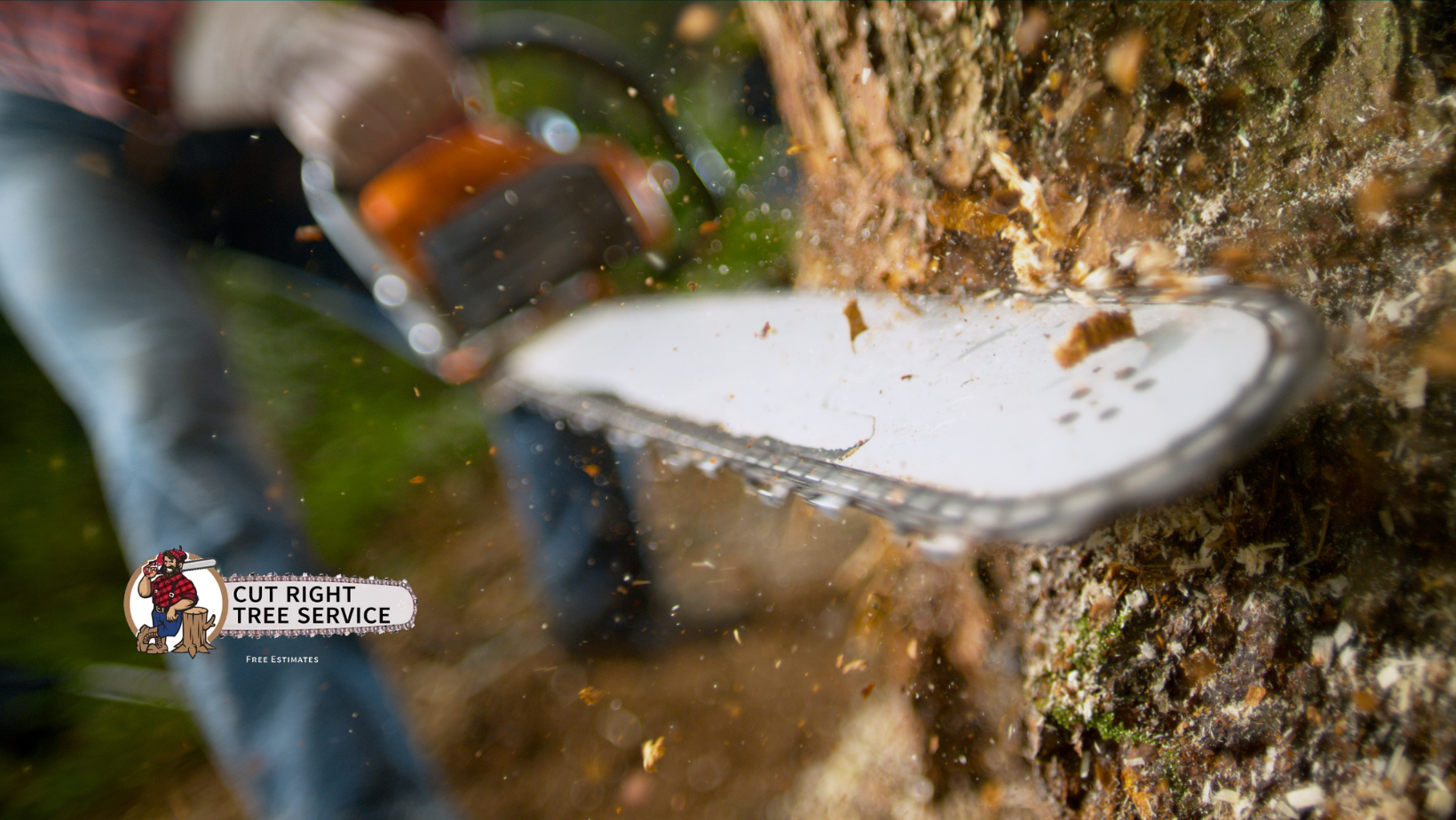 A close-up view of a chainsaw cutting into a tree trunk, with wood chips flying and a company logo on the left.