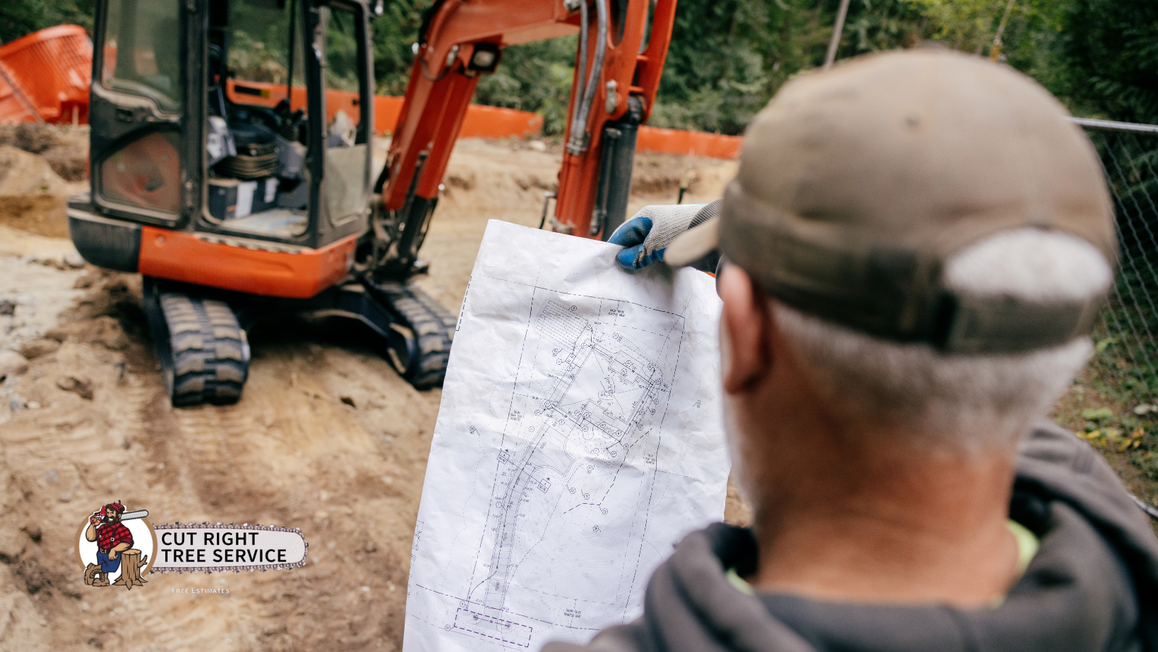 Man in a cap, pointing at a blueprint near an excavator at a construction site.