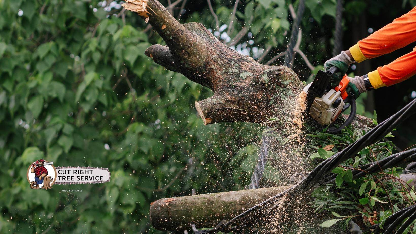 Person in orange shirt uses a chainsaw to cut a tree branch, creating wood chips.